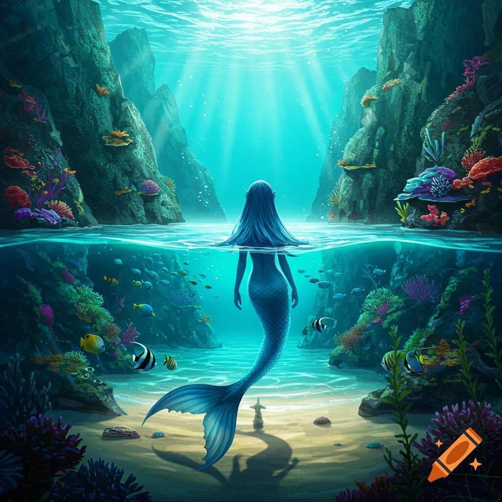 A blue mermaid with long hair and a shimmering tail swims in a vibrant coral reef, with sunlight filtering through the ocean surface.