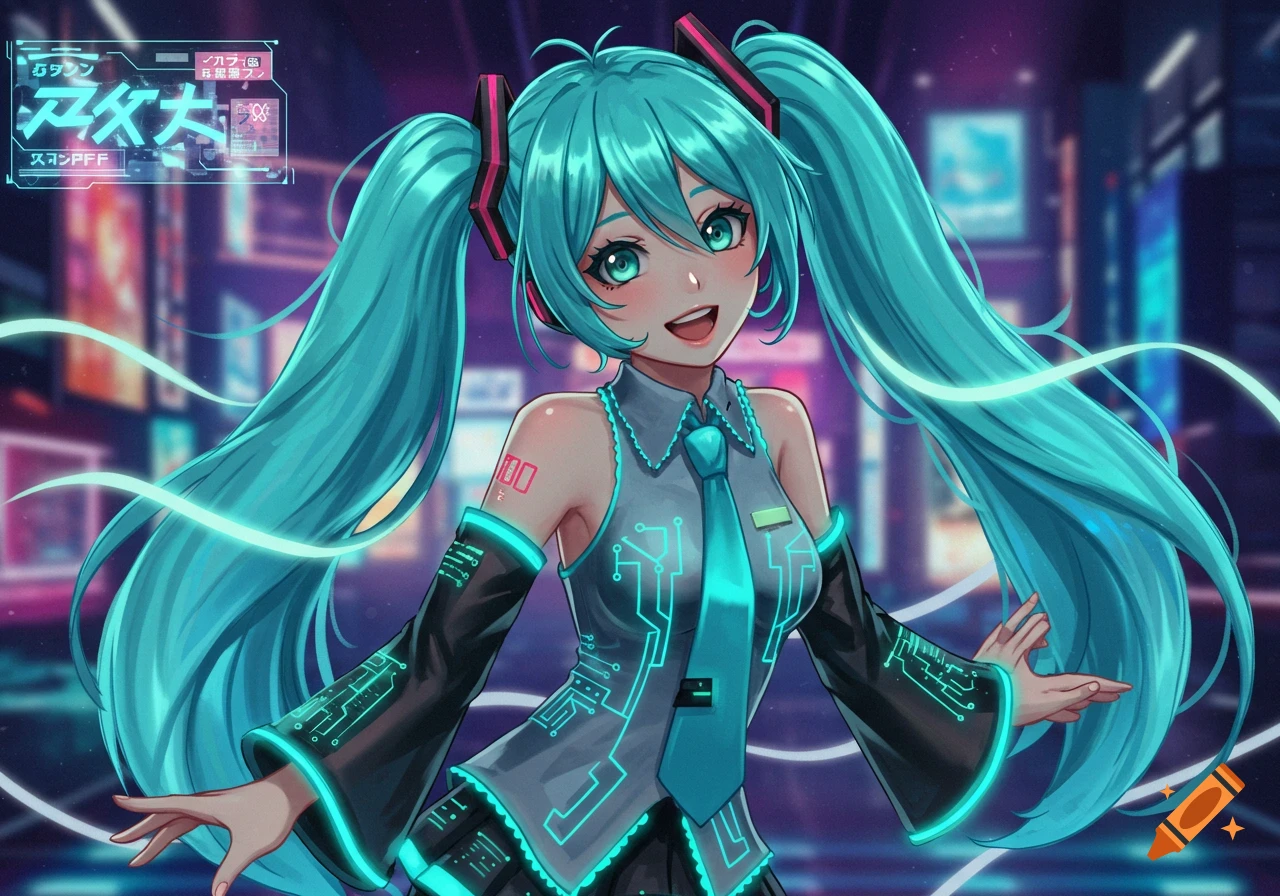 An anime girl with long turquoise pigtails and a futuristic outfit smiles against a cyberpunk city background.