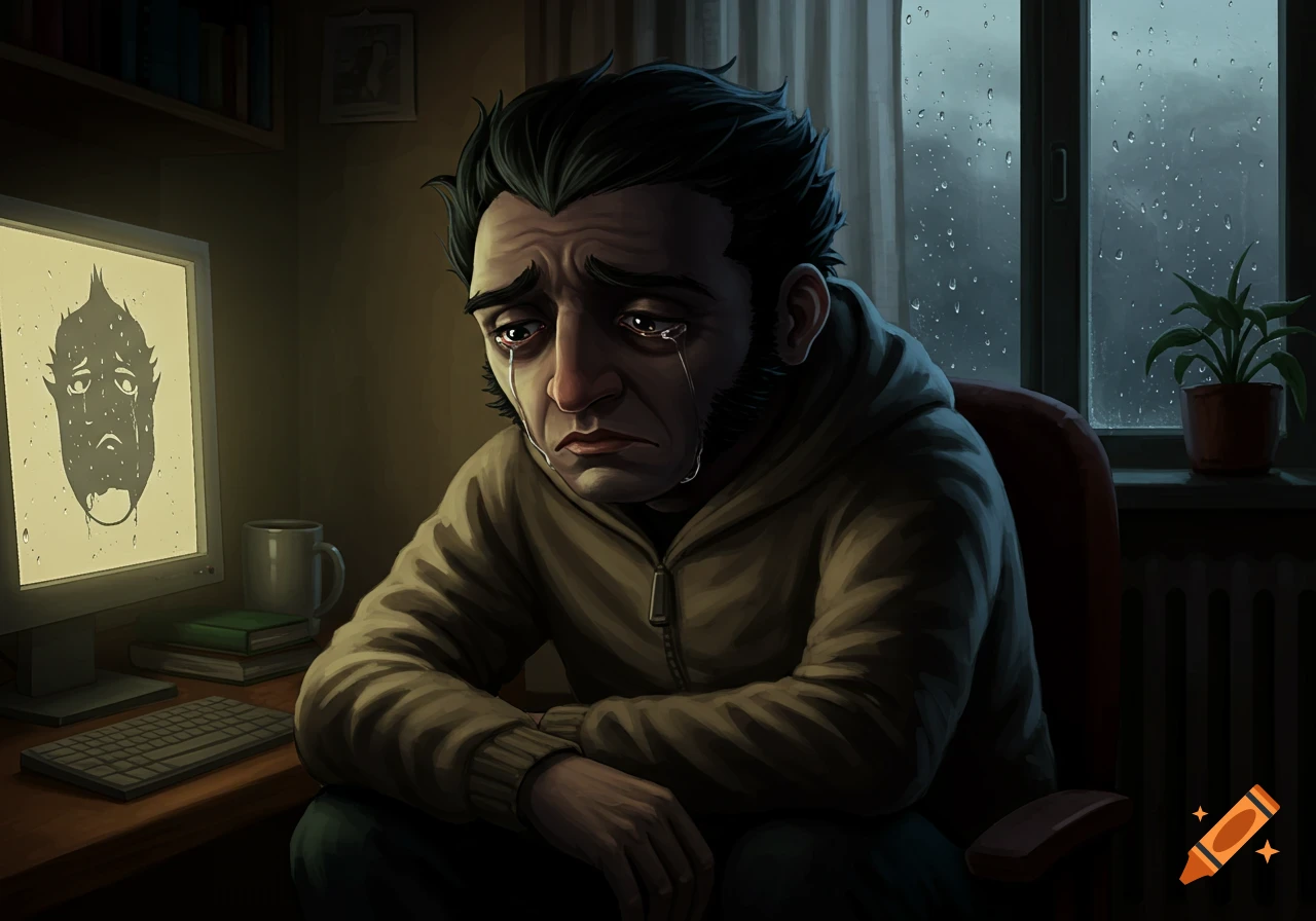 A stylized illustration of a crying man with a beard and dark hair, sitting at a desk with a computer and a window with rain.