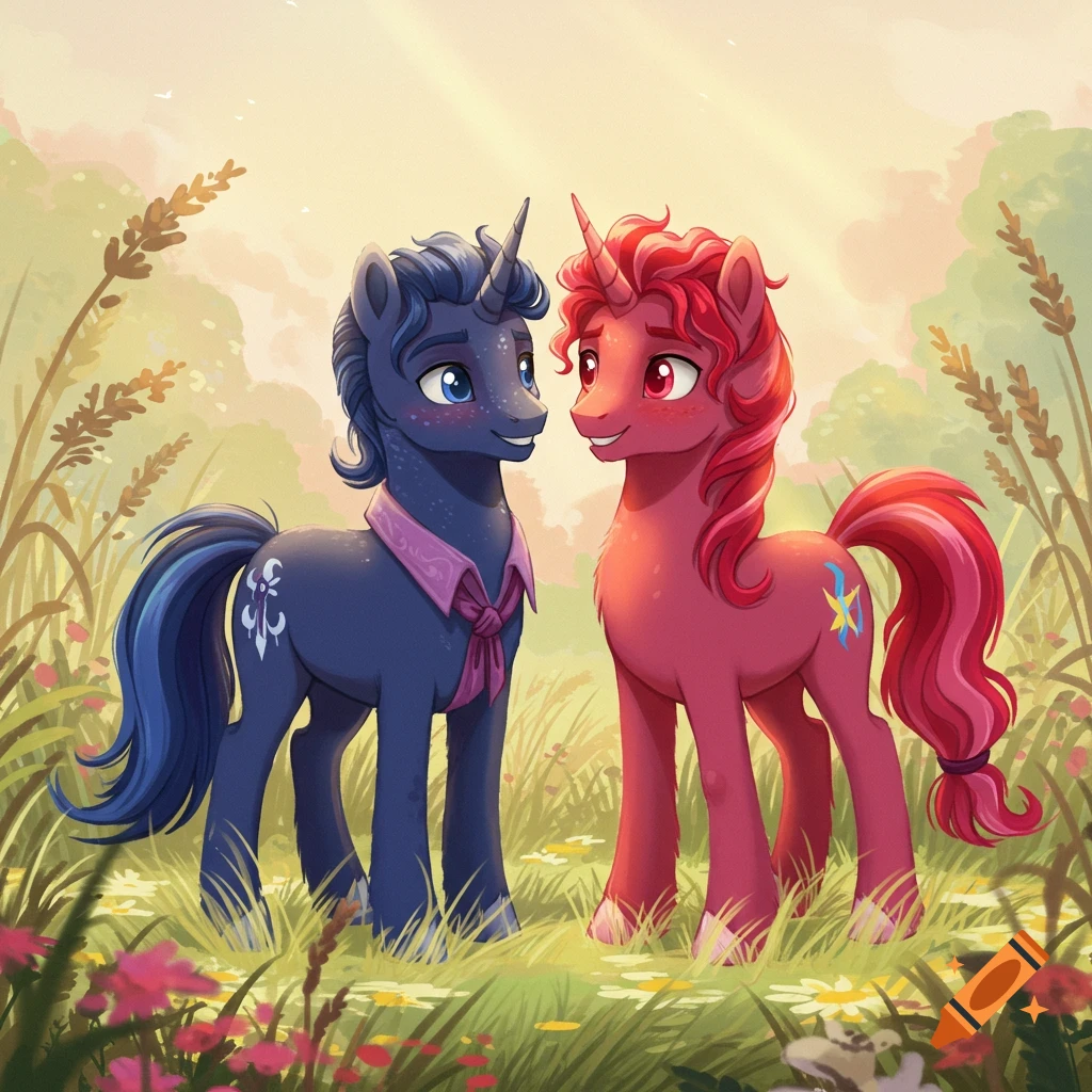 Two My Little Pony style stallions, one dark blue and one red, stand in a sunny grassy field, looking at each other.