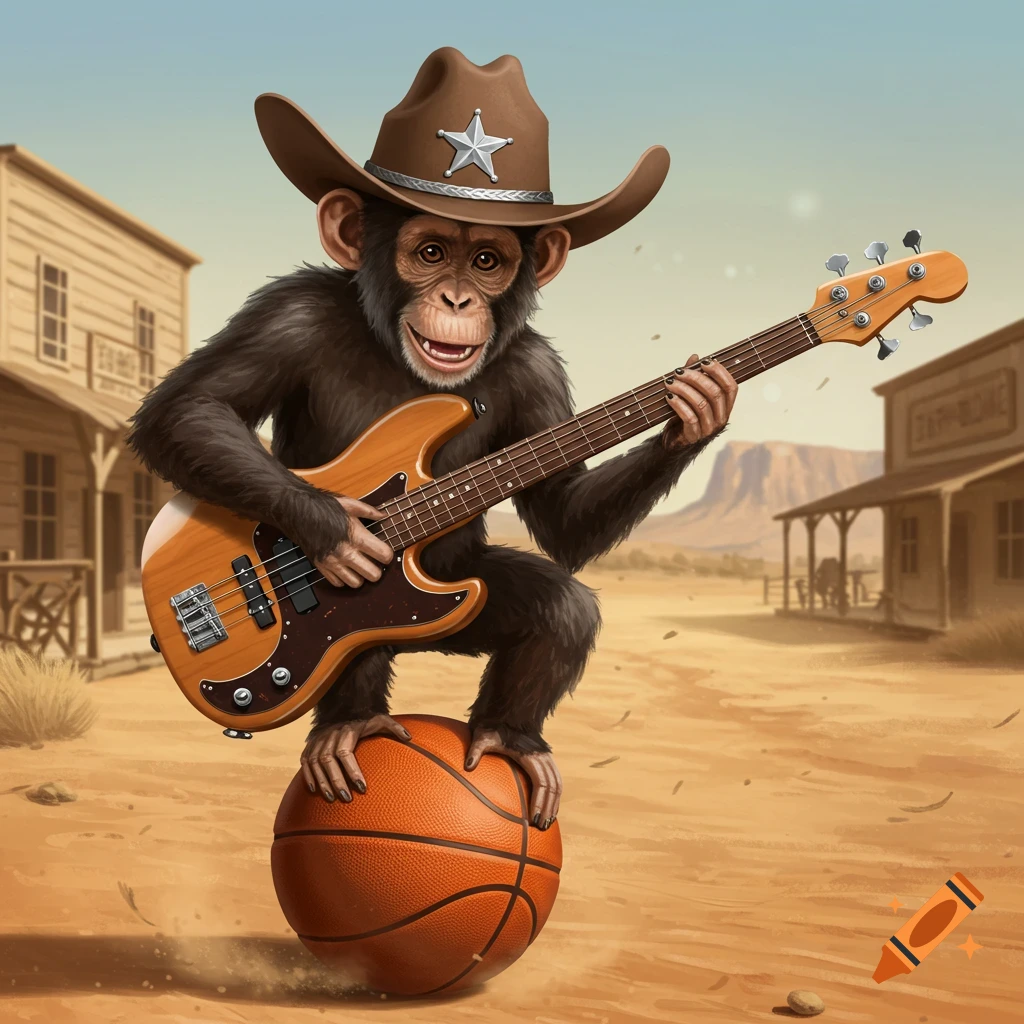 Cartoon monkey in a cowboy hat plays a bass guitar while perched on a ...