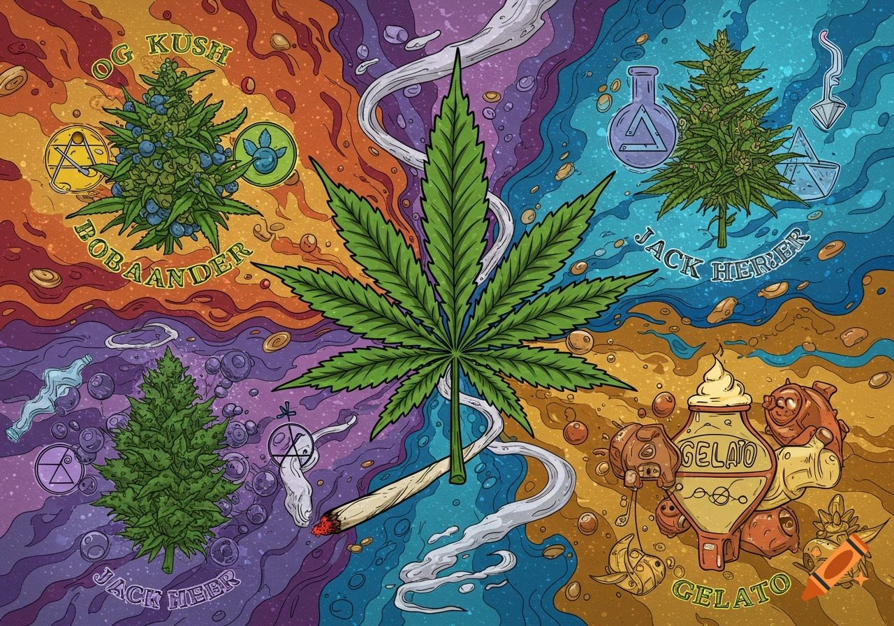 A vibrant psychedelic cartoon illustration featuring a large cannabis leaf, four labeled cannabis strains, and a lit joint on a colorful background.