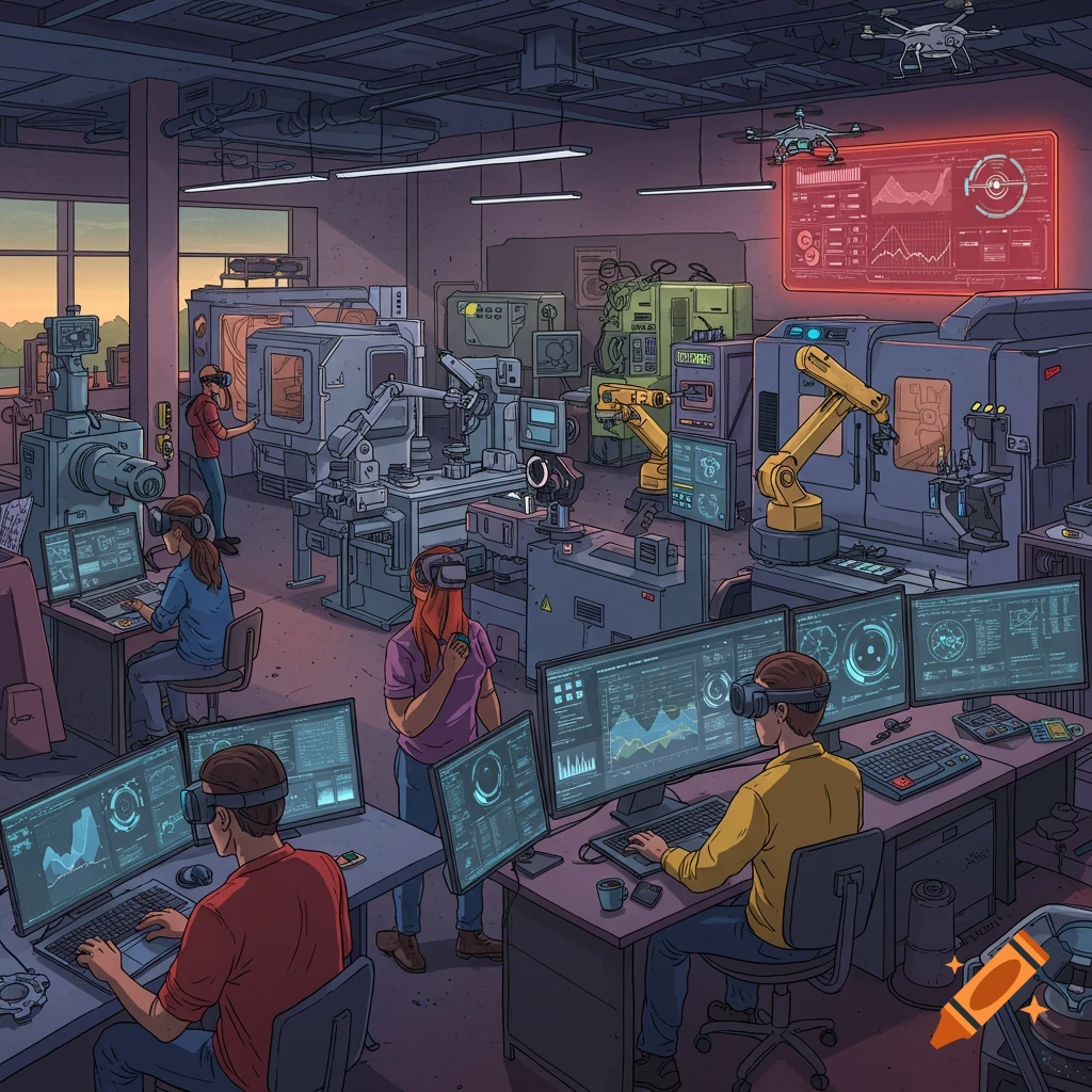 A detailed illustration of a high-tech manufacturing facility where people in VR headsets monitor computers and robotic arms, with drones flying overhead.