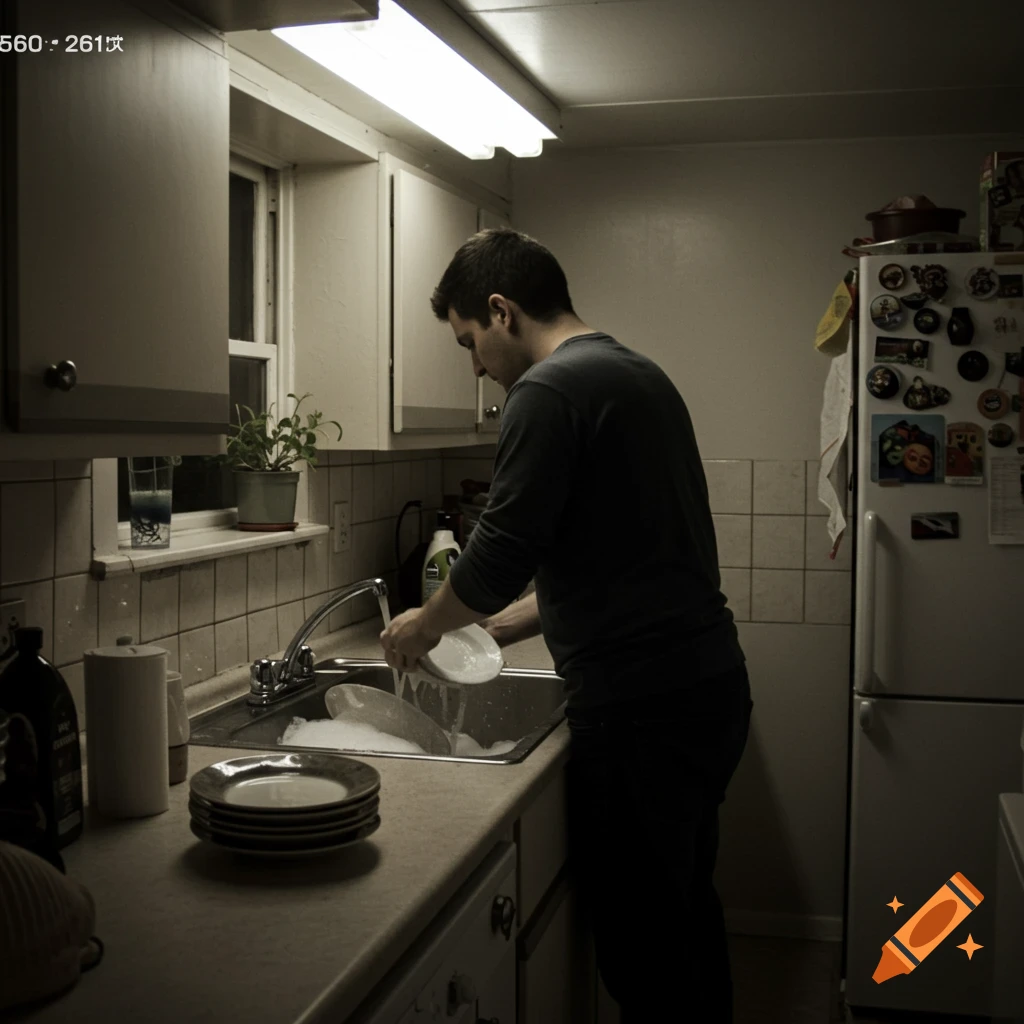 A man in a dark t-shirt washes dishes at a kitchen sink, illuminated by an overhead light in a photorealistic trail cam style.