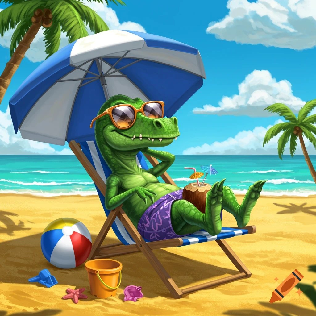 A cartoon green dinosaur in sunglasses and purple swim shorts relaxes on a beach chair under a blue umbrella, holding a coconut drink on a sandy beach with palm trees and ocean in the background.