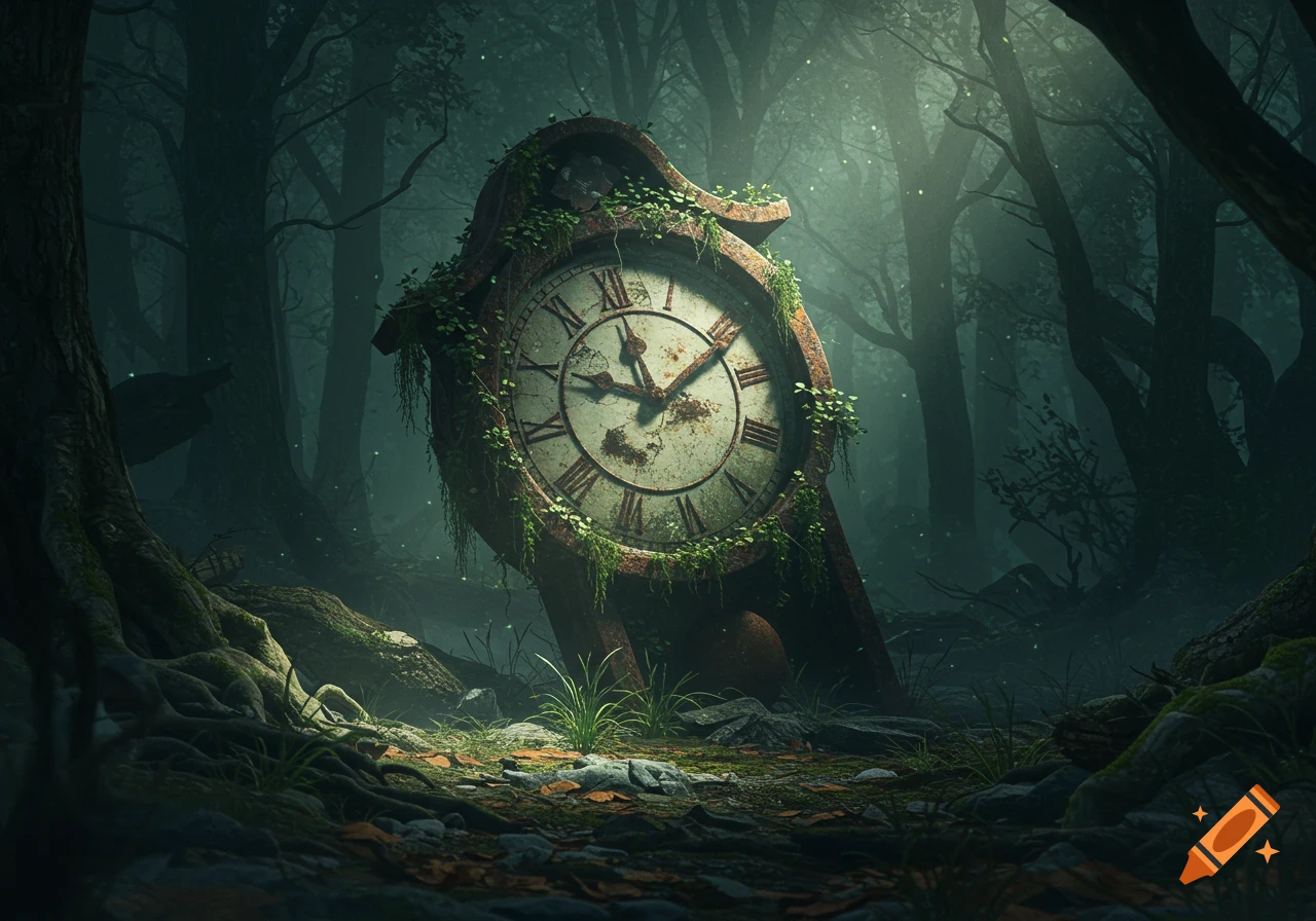 An ancient, moss-covered grandfather clock, its face showing Roman numerals, stands abandoned in a dark, misty fantasy forest.