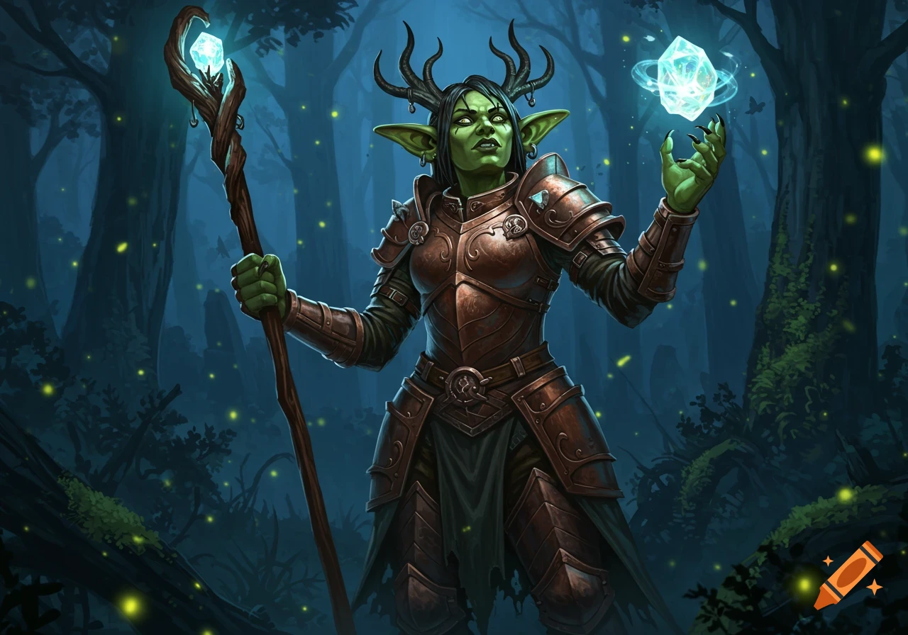 A green-skinned female goblin in intricate armor holds a glowing staff and a magic crystal in a dark fantasy forest with fireflies.