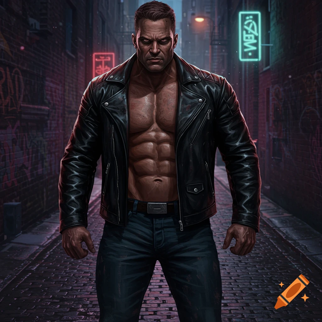 A muscular man in an open leather jacket stands menacingly in a dark, neon-lit urban alley, in a comic book art style.