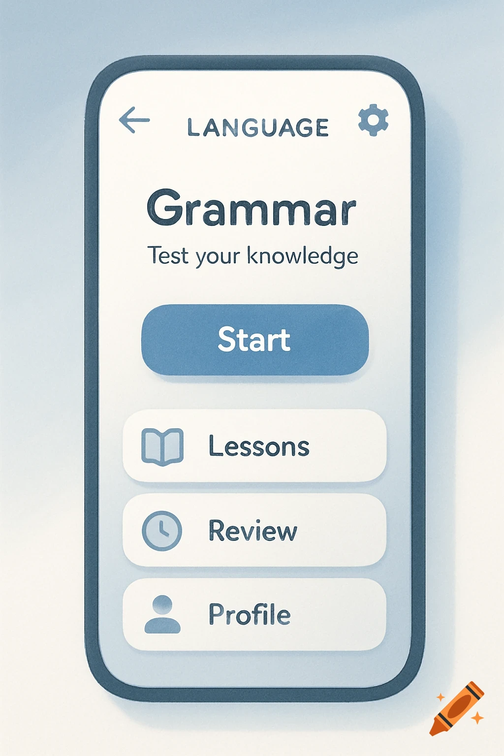 A white smartphone displays a language learning app titled 'Grammar' with a 'Start' button and options for lessons, review, and profile.