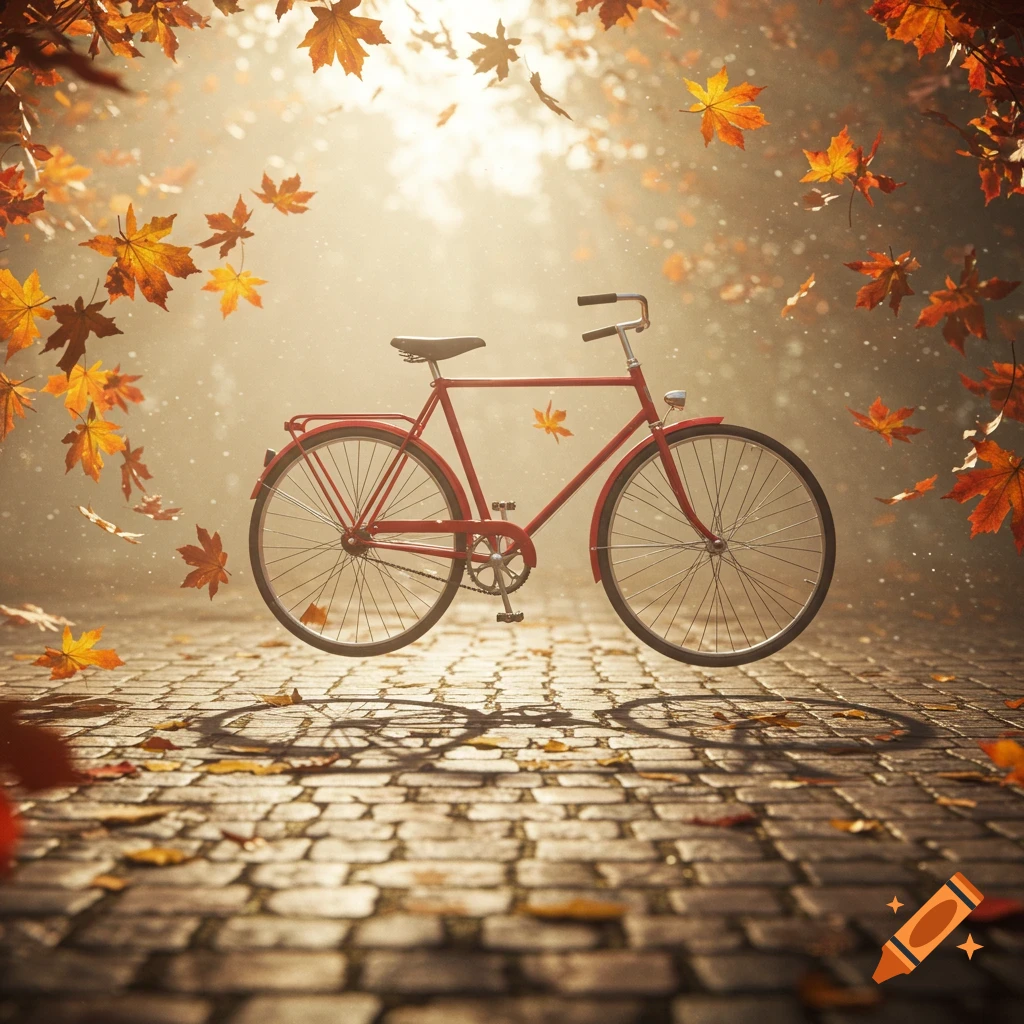 A red bicycle floats above a cobblestone path as autumn leaves fall through a golden, misty light.