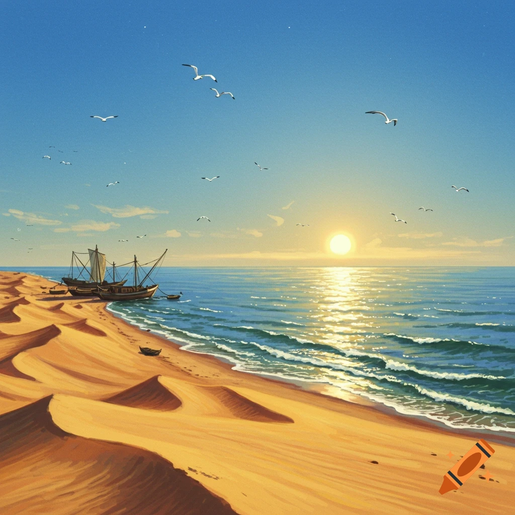 Illustrated seascape at sunset with sandy dunes, two boats on the shore, and seagulls flying over the calm ocean.