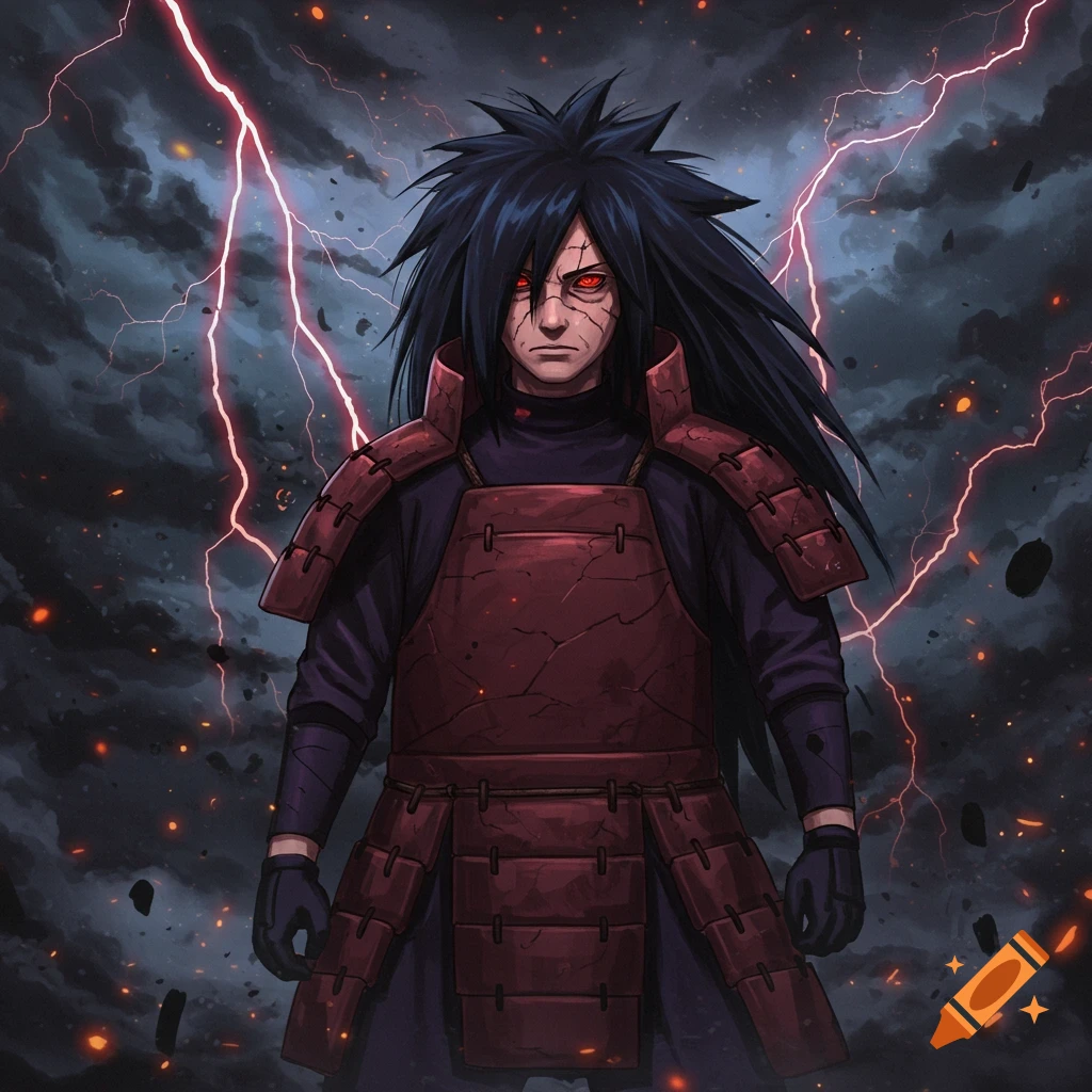 Anime portrait of Madara Uchiha in red armor, with long dark hair, glowing red eyes, against a stormy sky with red lightning.