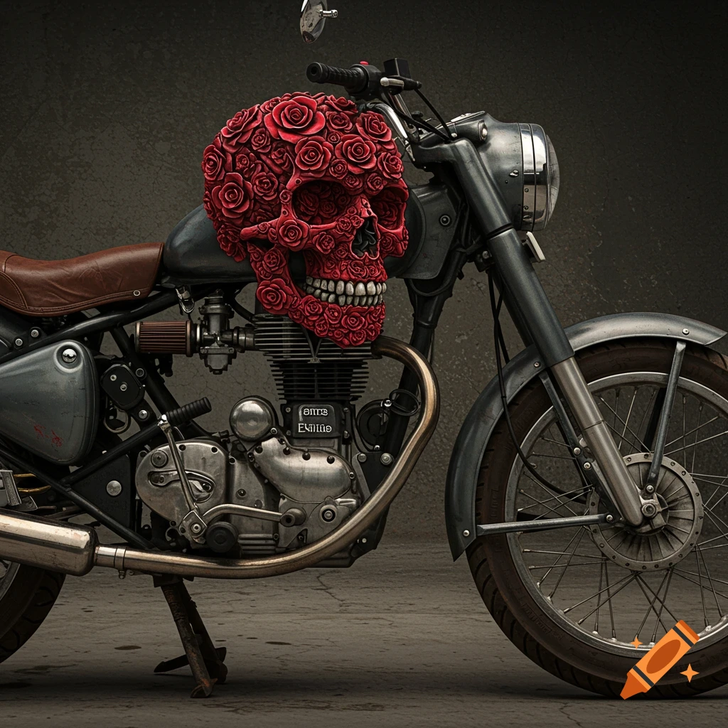 A dark, vintage-style motorcycle featuring a large red skull made of roses on its fuel tank.