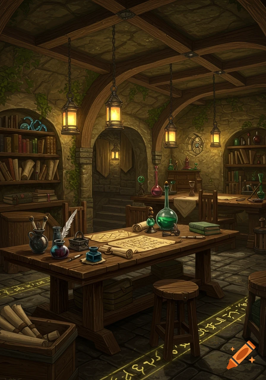 A detailed fantasy underground workshop with stone walls, a large wooden table, scrolls, quills, ink, potions in flasks, and glowing runes on the floor.