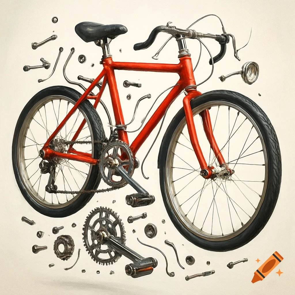 A detailed exploded view of a red bicycle with its frame, wheels, gears, and other mechanical parts floating in space.