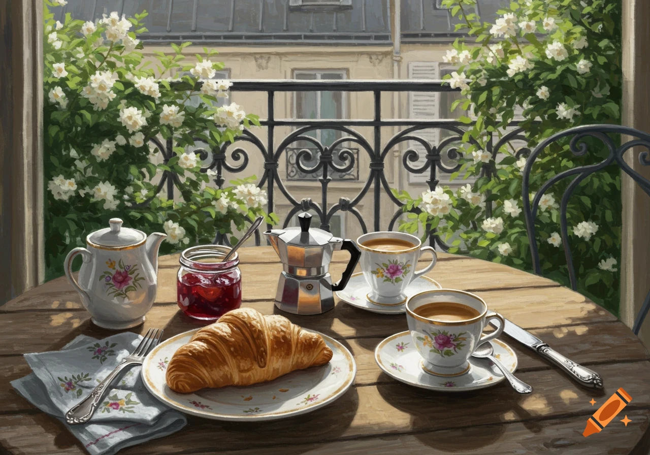 A painterly depiction of a French breakfast with a croissant, coffee, and jam on a balcony overlooking a European city.
