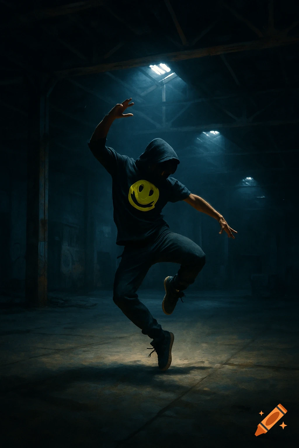 A hooded dancer in dark clothes with a yellow smiley shirt leaps energetically in a moody, dimly lit warehouse.