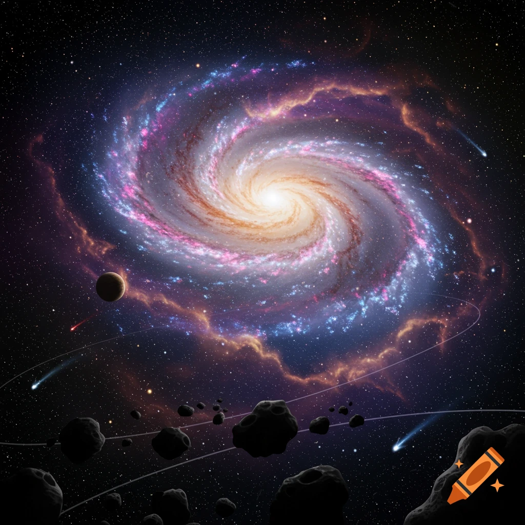 A vibrant spiral galaxy with a bright core, surrounded by dark asteroids, a planet, and comets in a star-filled cosmos.