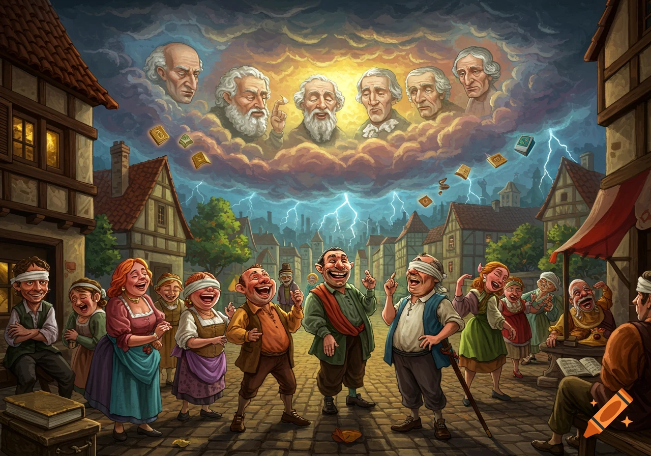 A satirical illustration of a bustling town square. Blindfolded villagers laugh while floating heads of philosophers and golden books appear in a stormy sky.