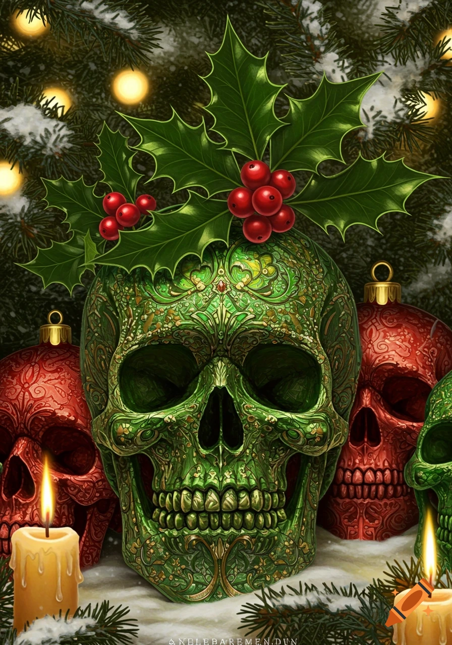 Decorative green and red skulls adorned with holly and candles, set against snowy pine branches with Christmas lights.