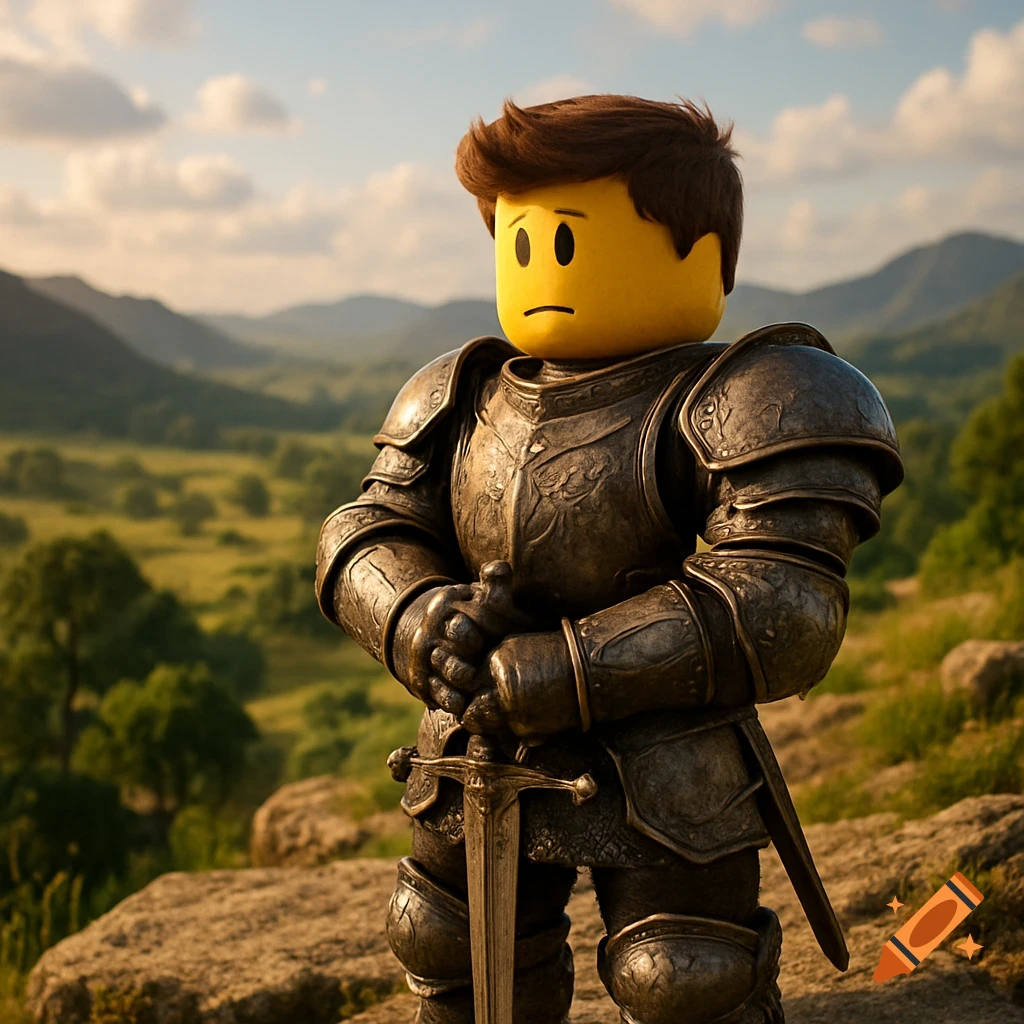 A Lego-style figure with brown hair and a yellow face, wearing detailed knight armor and holding a sword, stands on a rocky outcrop overlooking a green, mountainous valley under a partly cloudy sky.