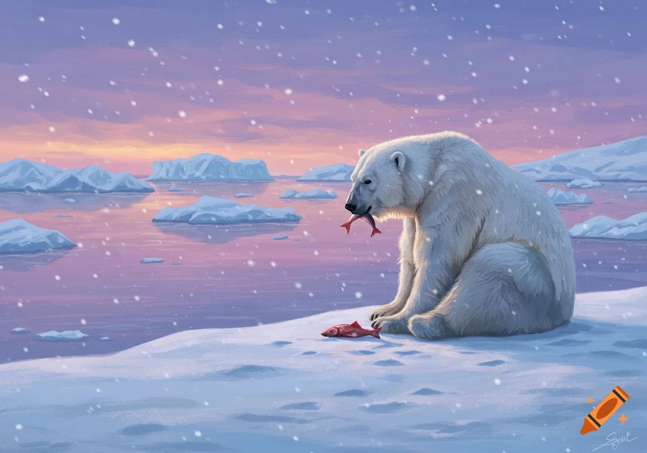 A white polar bear sits on a snowy bank, holding a red fish in its mouth, with another fish on the snow. Icebergs dot the water under a pink and purple sky as snow falls.