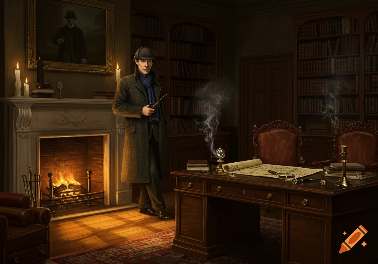 A man resembling Sherlock Holmes stands in a detailed Victorian study with a fireplace and a desk with a map.