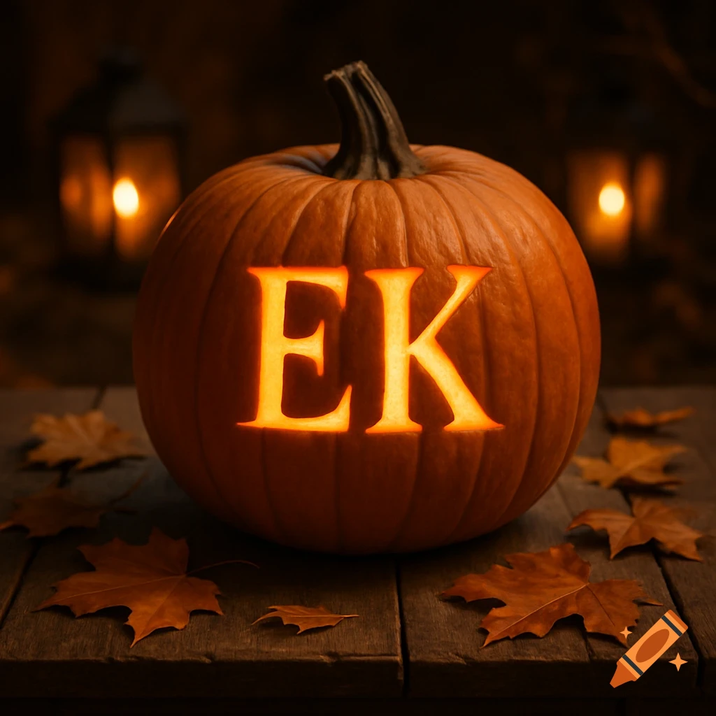 A realistic carved Halloween pumpkin with glowing 'EK' letters sits on a wooden table with autumn leaves and glowing lanterns.