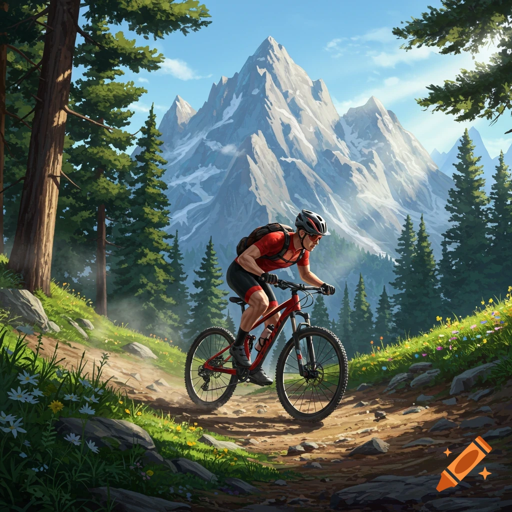 A mountain biker in a red shirt rides a dirt trail through a lush forest with towering snow-capped mountains.