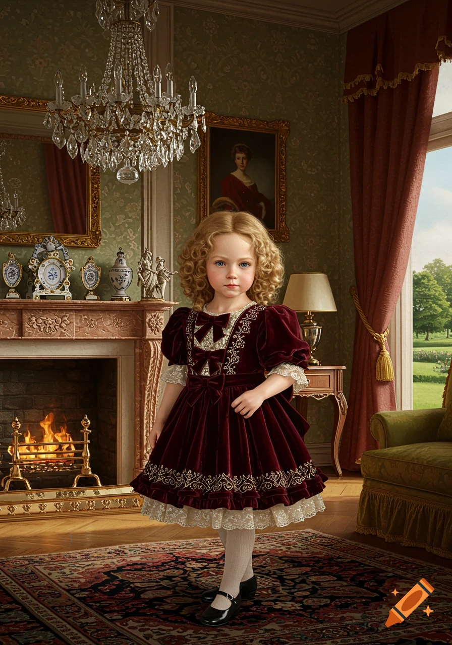 A young girl with blonde curly hair in a dark red velvet Victorian dress stands in a lavish room with a fireplace and chandelier.