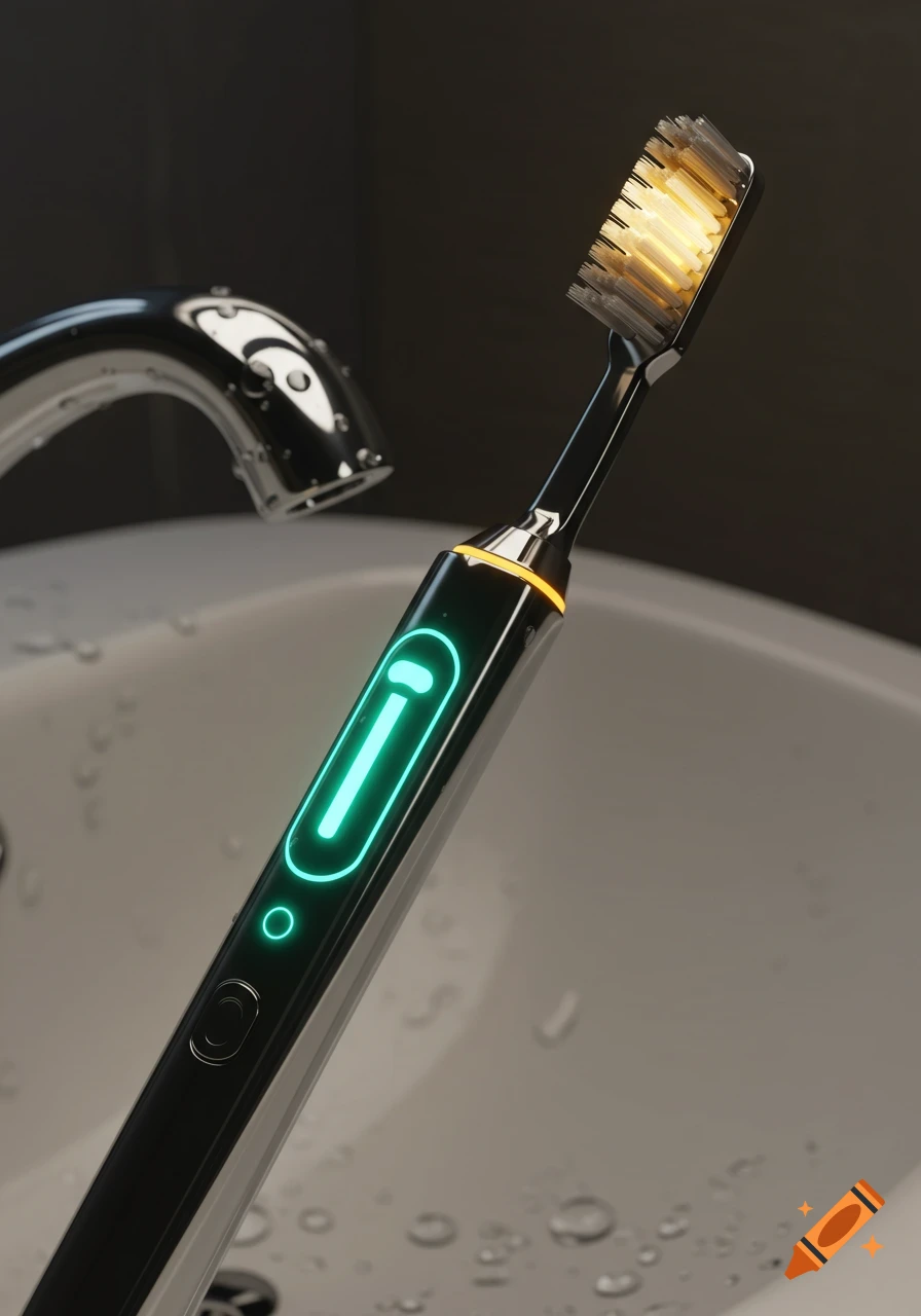 A sleek black electric toothbrush with a teal glowing handle and yellow illuminated bristles stands by a faucet over a white sink with water droplets.