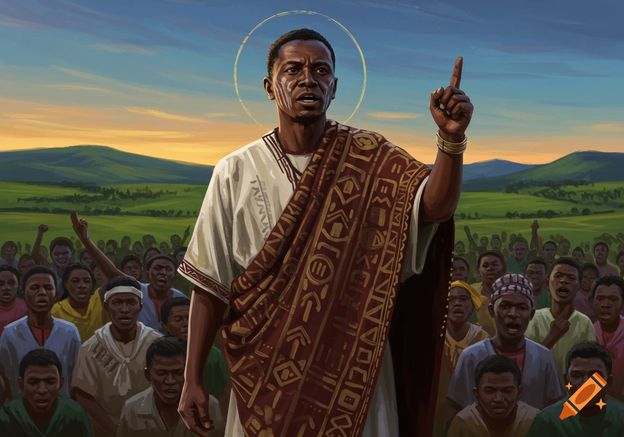 A painted illustration of a Black man with a halo, speaking to a crowd outdoors at sunset, raising his index finger.