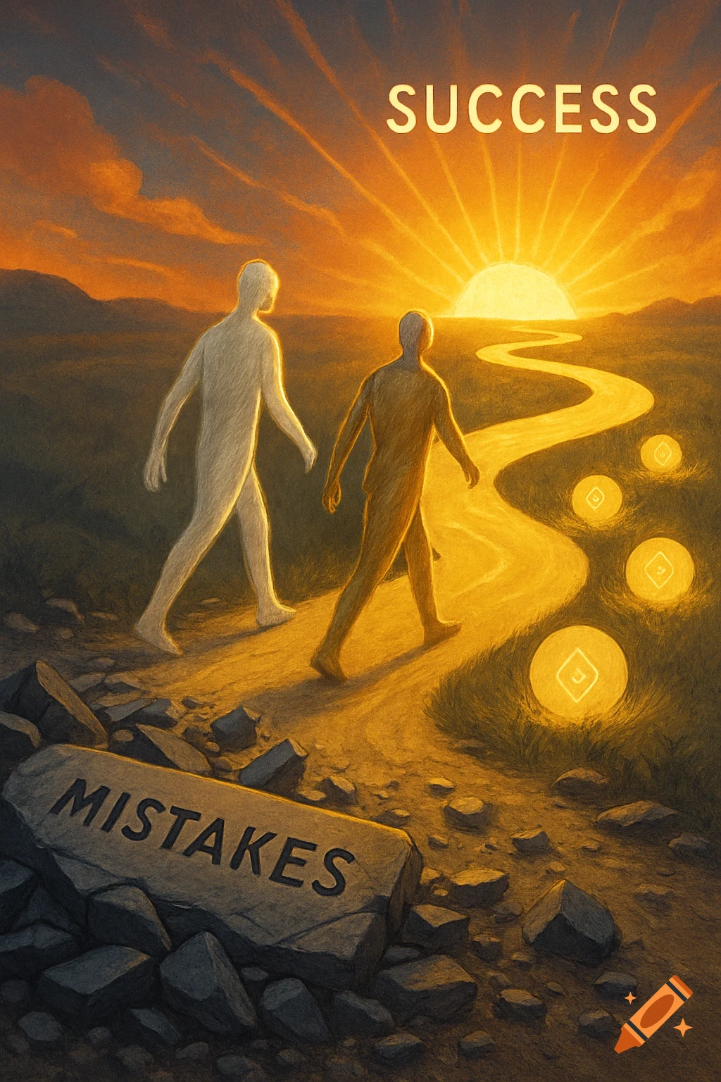Two figures walk a winding golden path toward a bright sun labeled 'SUCCESS', leaving behind rocks and a stone inscribed 'MISTAKES' in a textured, painterly style.