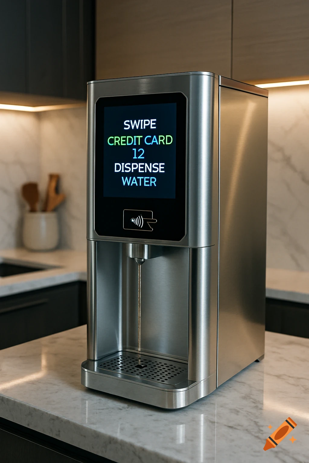 A modern stainless steel digital water dispenser with a screen displaying payment instructions, on a marble kitchen counter.