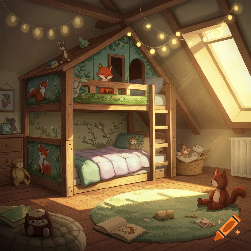 Illustrated cozy children's attic room with a wooden bunk bed, skylight, string lights, and stuffed animals.