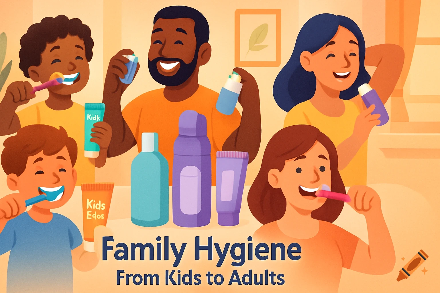 A colorful vector illustration of a diverse family, including kids and adults, brushing teeth and using hygiene products. Text reads "Family Hygiene: From Kids to Adults".