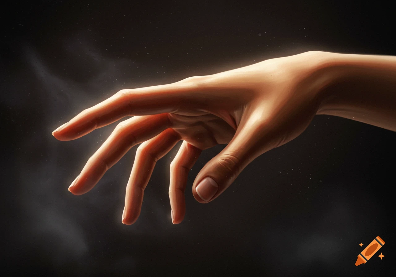 A detailed, digitally painted hand with long fingers reaching forward against a dark, glowing background.