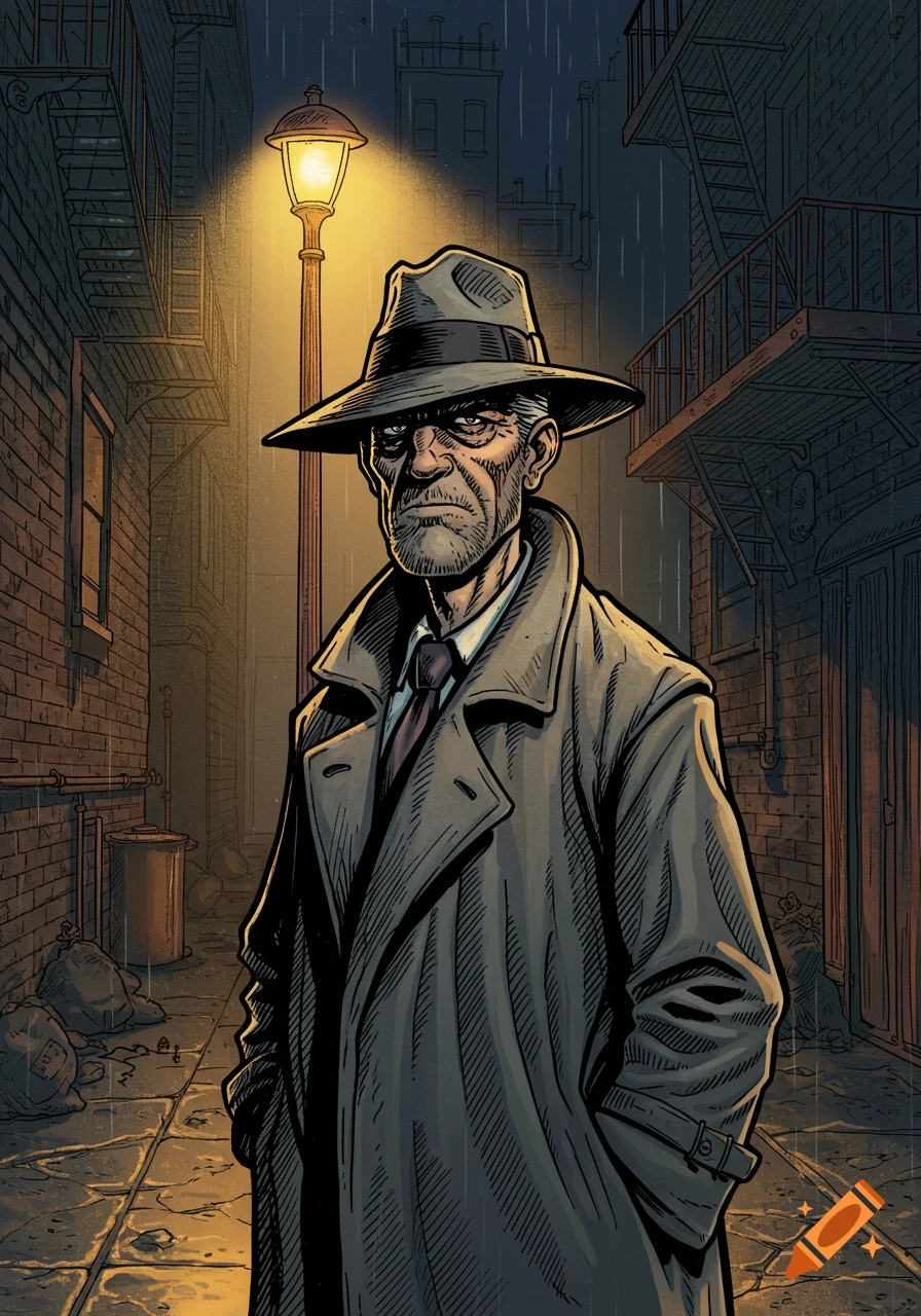 A grizzled man in a fedora and trench coat stands under a streetlamp in a rainy city alley, in a comic art style.