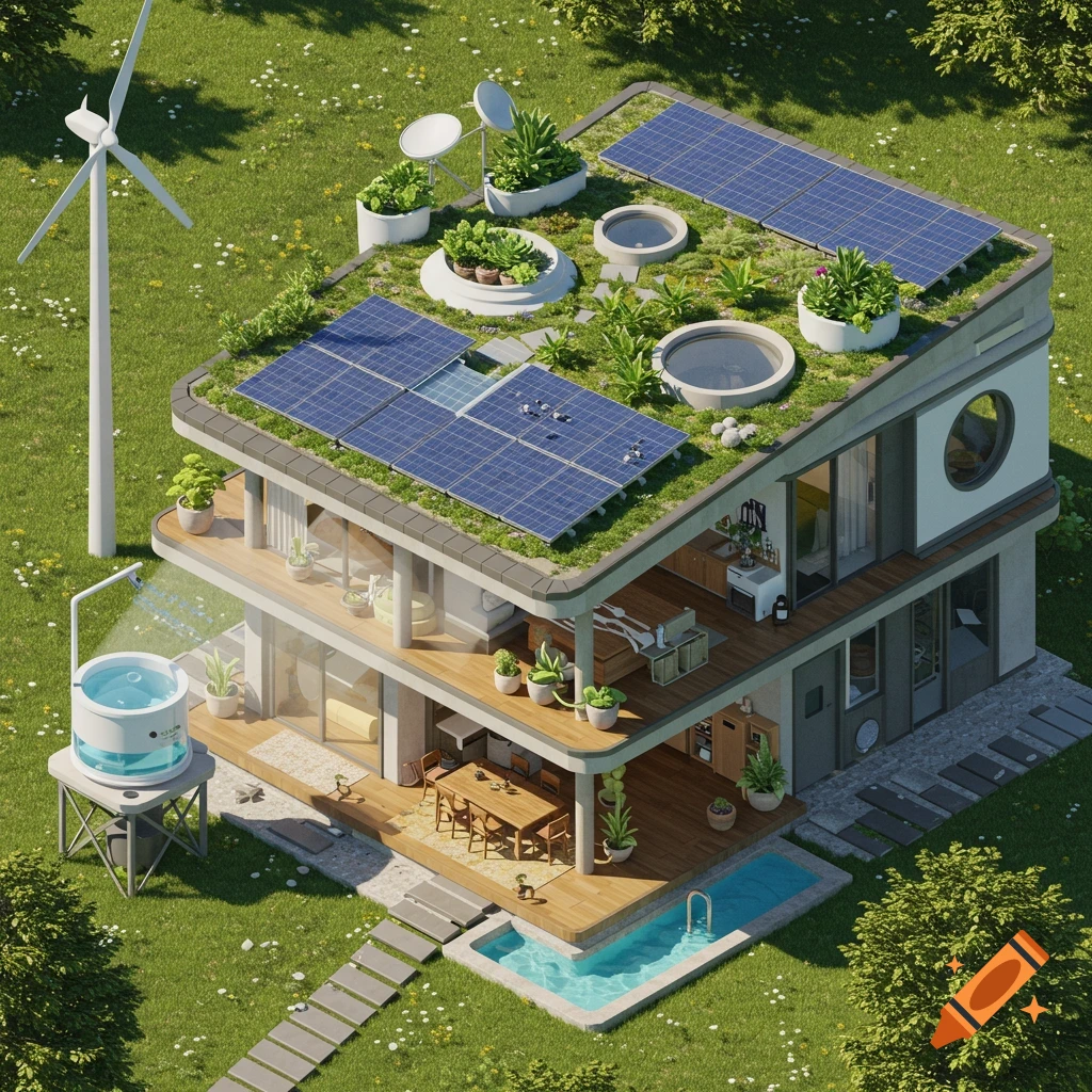 Isometric view of a modern eco-friendly house with solar panels, a green roof, a windmill, and a small pool in a grassy field.