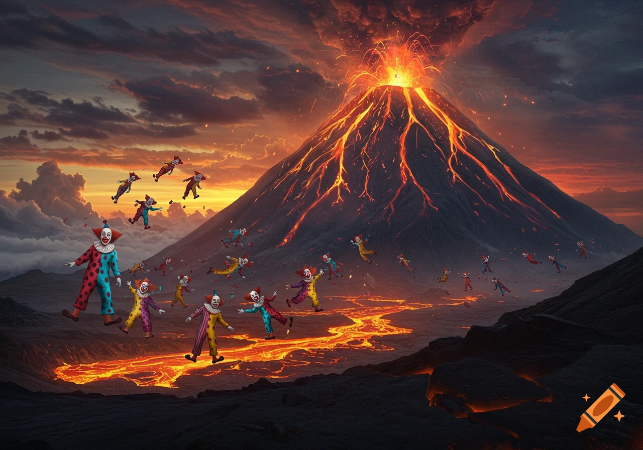 Numerous clowns float or fall towards an erupting volcano with glowing lava rivers at sunset.