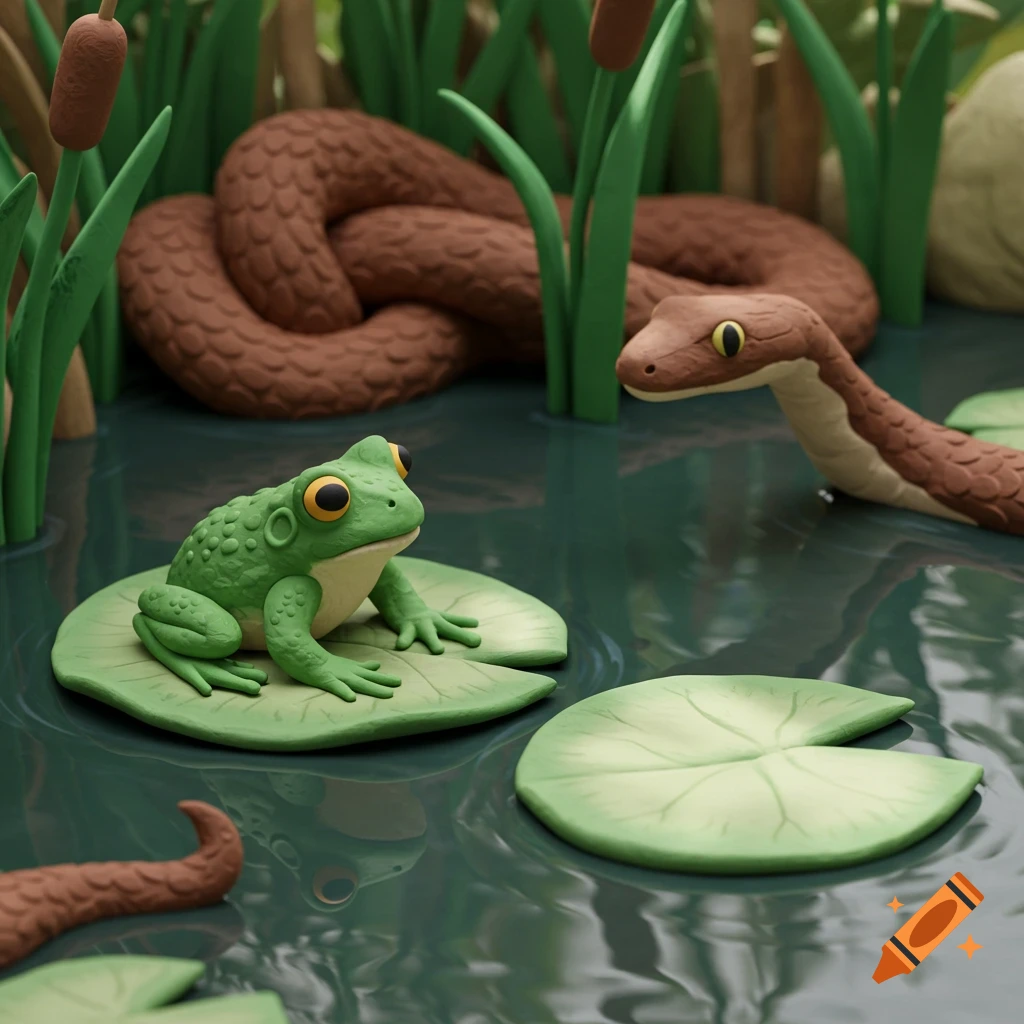 A green claymation frog on a lily pad in a pond, with a brown claymation snake partially submerged behind it, surrounded by cattails.