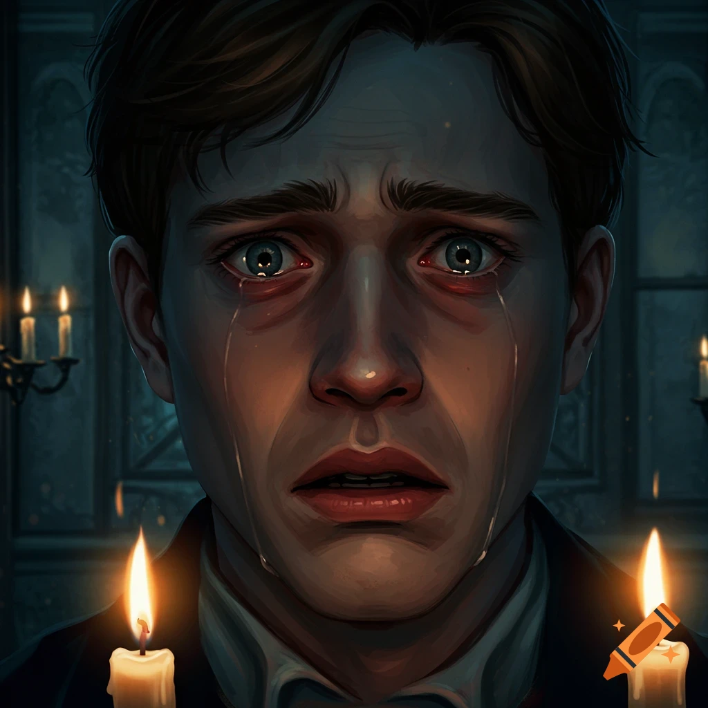 Close-up of a scared man crying, illuminated by candles in a dark, dramatic setting.