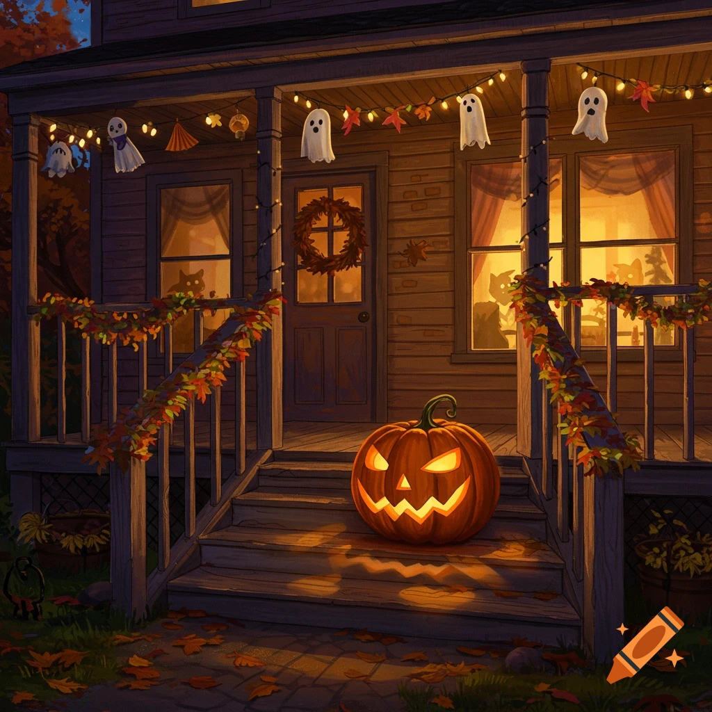 A glowing jack-o'-lantern sits on the steps of a house decorated for Halloween with ghost string lights and autumn garlands at dusk.