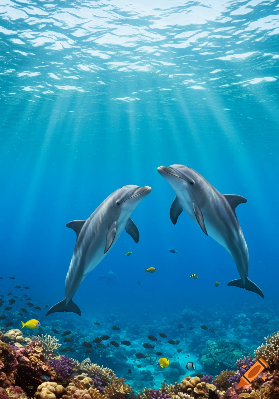 Two dolphins swim upwards in a vibrant blue ocean with sun rays, colorful coral, and tropical fish below.