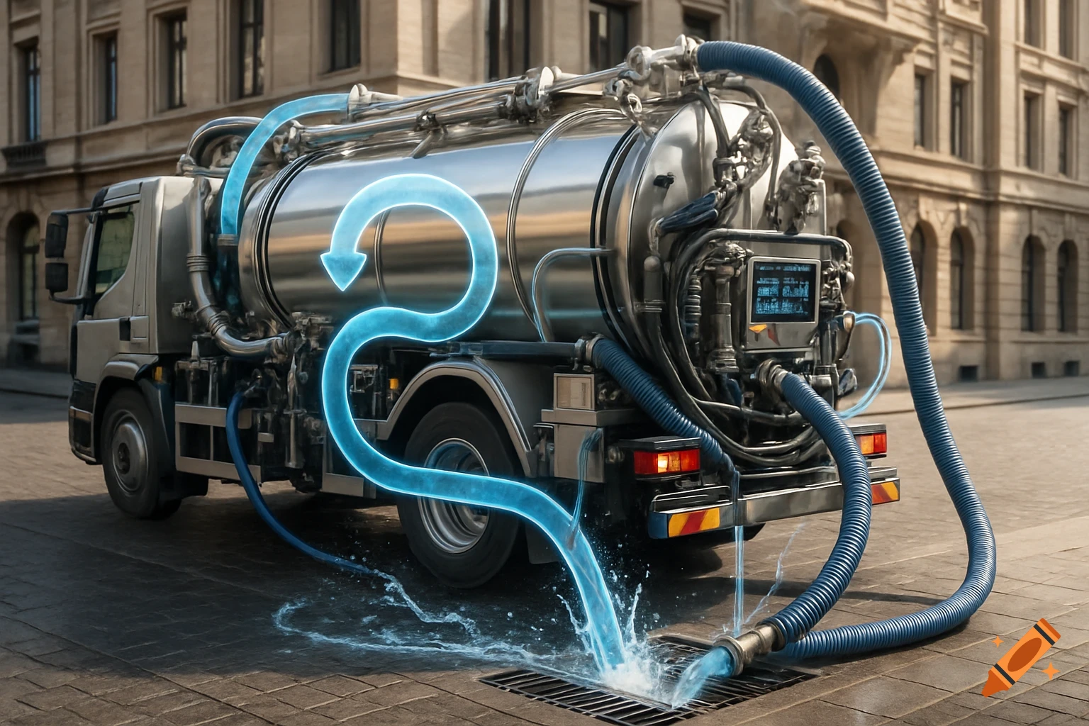 Photorealistic image of a silver tanker truck on a city street, with glowing blue water flowing from and circulating on its tank into a storm drain.