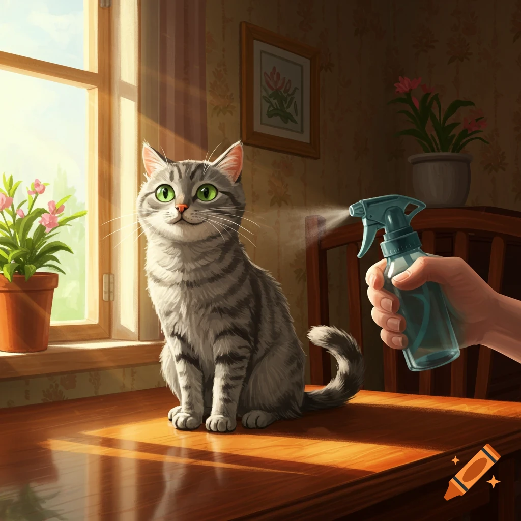 A grey tabby cat with green eyes sits on a table by a window, looking at a hand spraying it with water from a blue bottle.