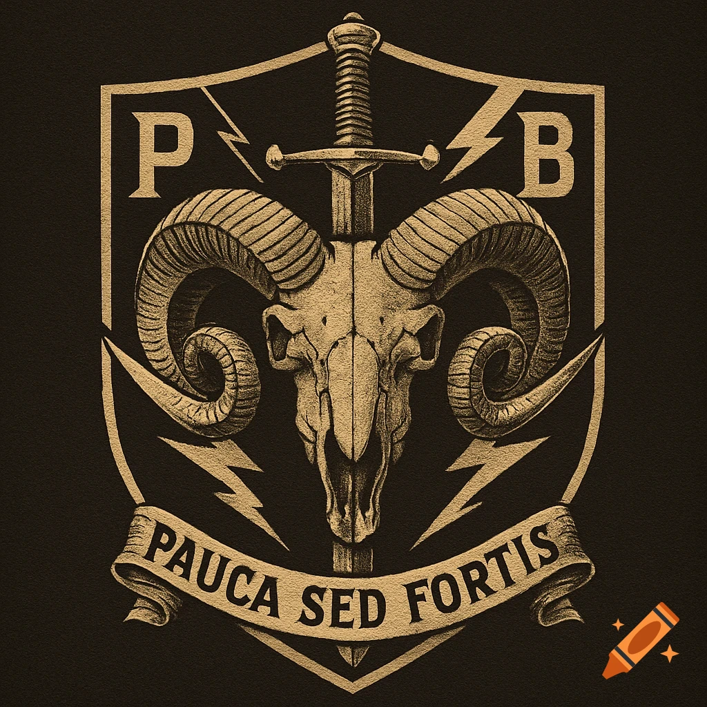 A stylized gold and black emblem featuring a ram skull impaled by a sword, with lightning bolts, the letters P and B, and a banner reading "PAUCA SED FORTIS" within a shield.