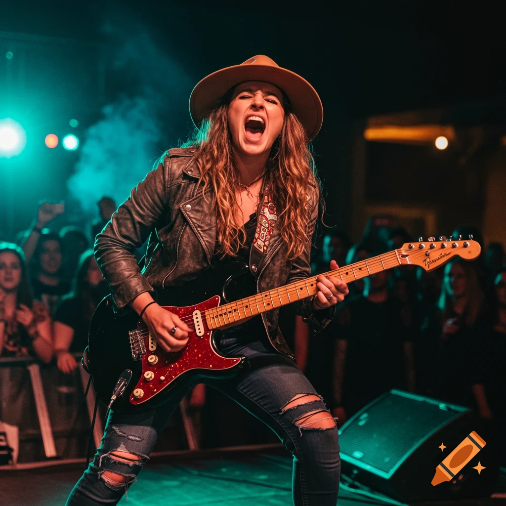 A woman with a tan hat and leather jacket shreds a black and red Fender Stratocaster at a night metal concert, screaming with passion.