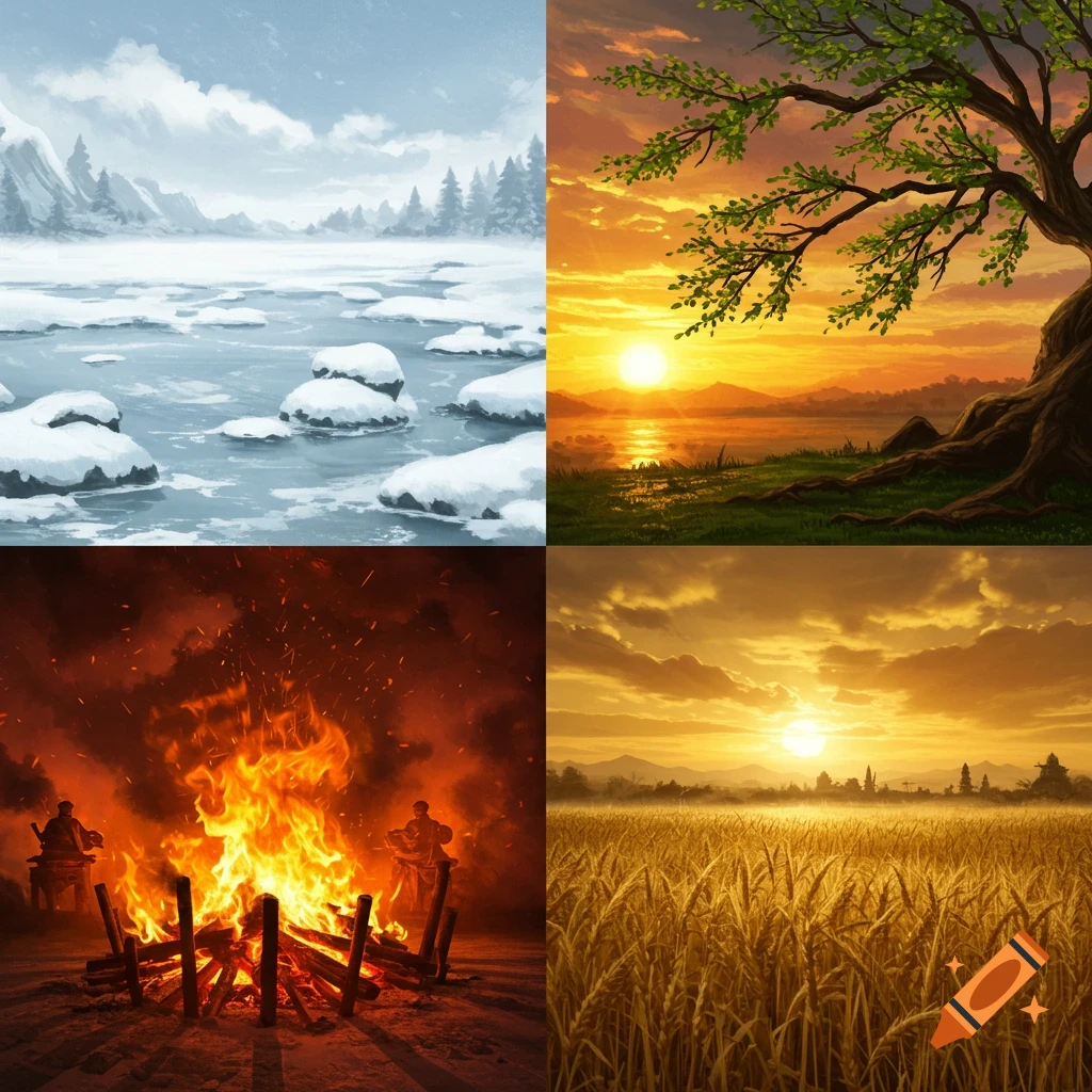 A 2x2 grid of natural landscapes: icy winter mountains, spring tree at sunset over a lake, summer bonfire with two figures, and autumn wheat field at sunset.
