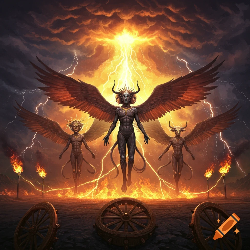 Three winged, horned, multi-faced figures float above a fiery landscape with lightning and storm clouds, with wheels in the foreground.